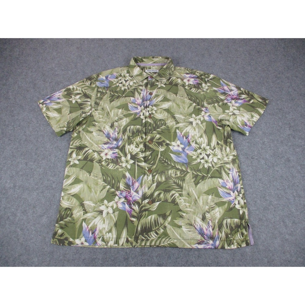 Tommy Bahama Shirt Mens XL Green Purple Silk Tropical Floral Hawaiian Button Up